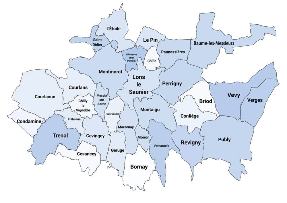 Tourisme Lons-le-Saunier Jura : carte communes Ecla